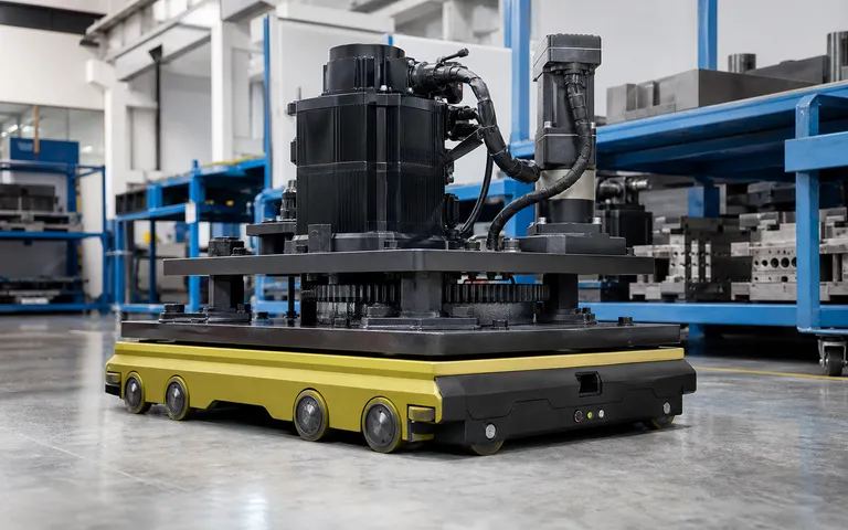 AI-generated visualization of a low-profile heavy-load AGV carrying industrial machinery in a factory