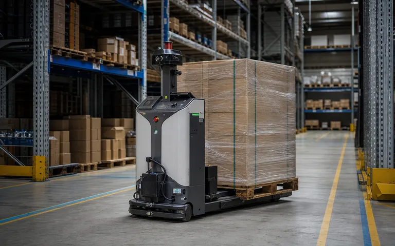 AI-generated visualization of an unmanned pallet forklift carrying a wrapped pallet through a warehouse aisle