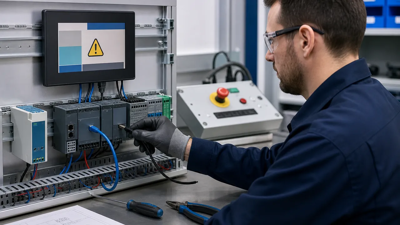 Technician checking communication-loss and recovery behavior on an HMI and controller test bench