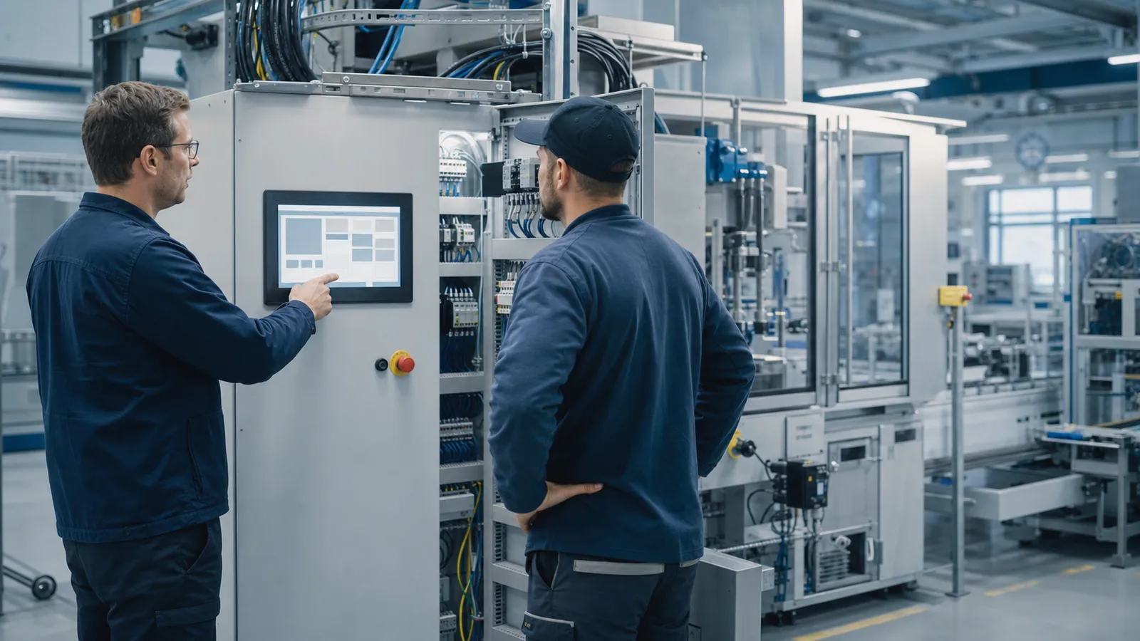 Engineer and machine operator reviewing an industrial HMI at an open control cabinet