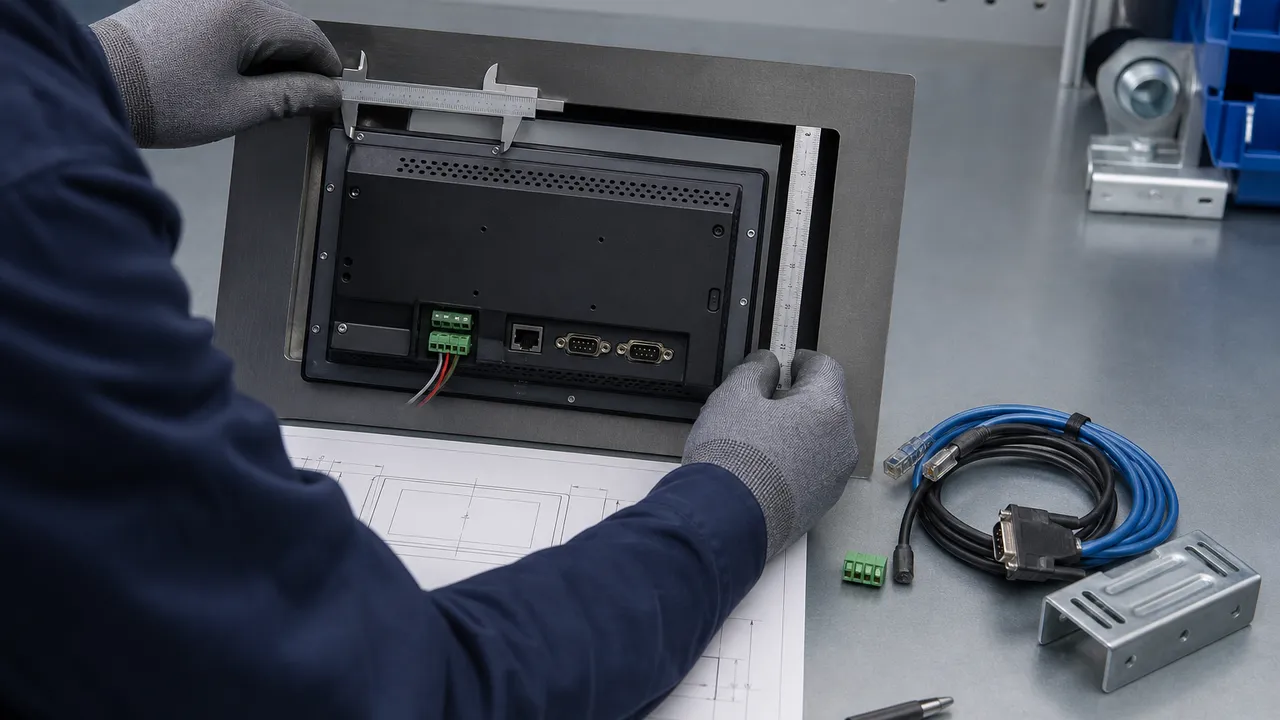 Engineer measuring an HMI panel opening and checking rear connectors, cables and installation depth