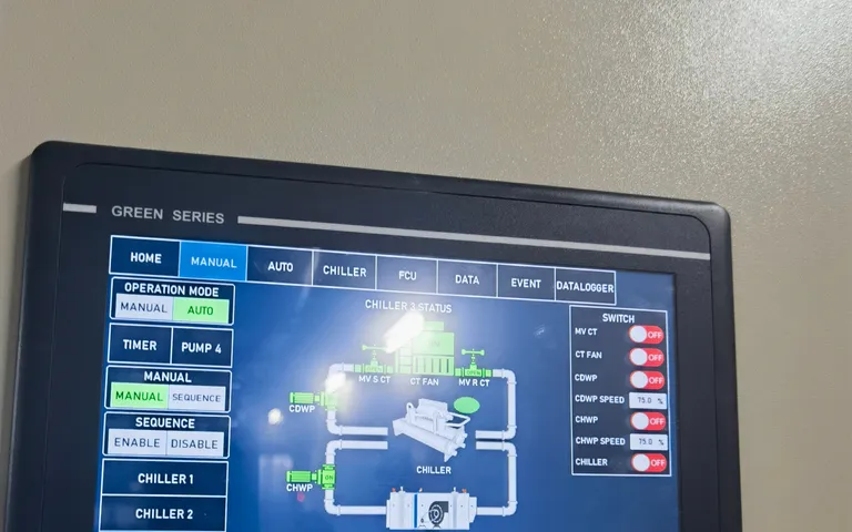 Panel-mounted interface showing a chiller sequence screen with pump and valve states