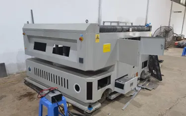Heavy AGV chassis on a workshop stand