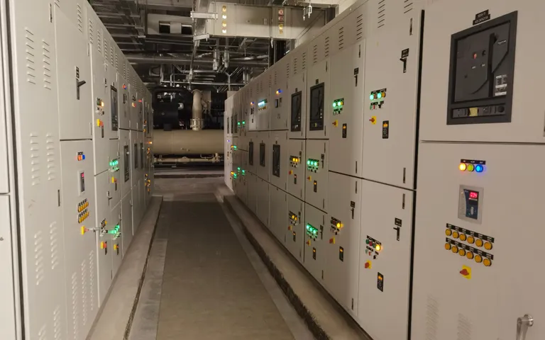 Corridor between two rows of motor control centre cubicles in a plant room