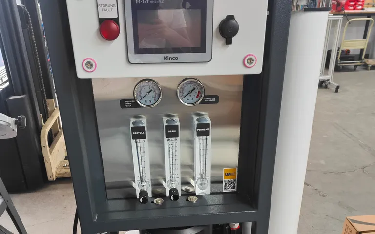 Operator interface mounted above flow meters on a water treatment skid