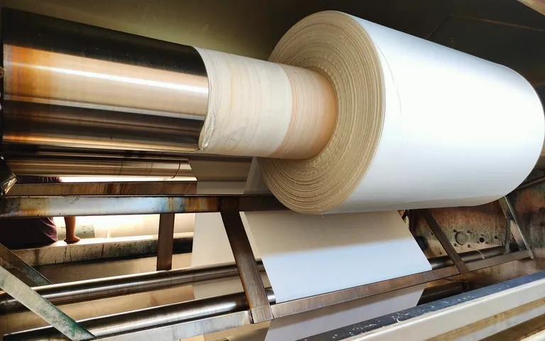 Wide roll of material running over the rollers of a finishing line