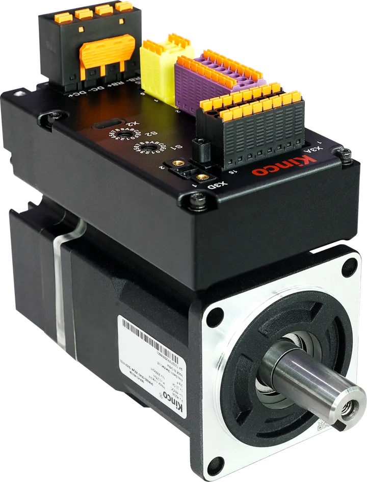 Front three-quarter view of a Kinco iSMD integrated servo drive and motor