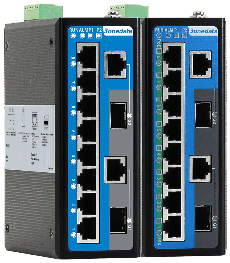 Front three-quarter view of 3onedata IES6210 industrial Ethernet switches