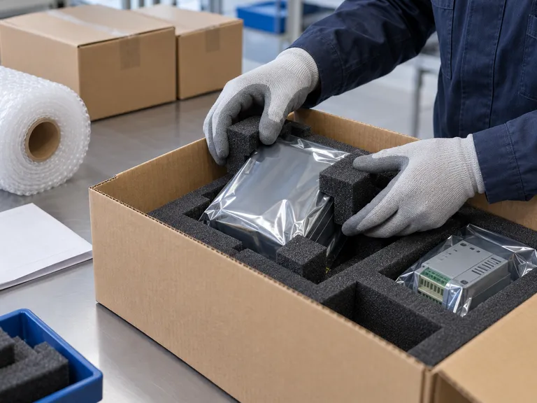 Protective foam and anti-static packaging arranged around industrial components in a clean carton