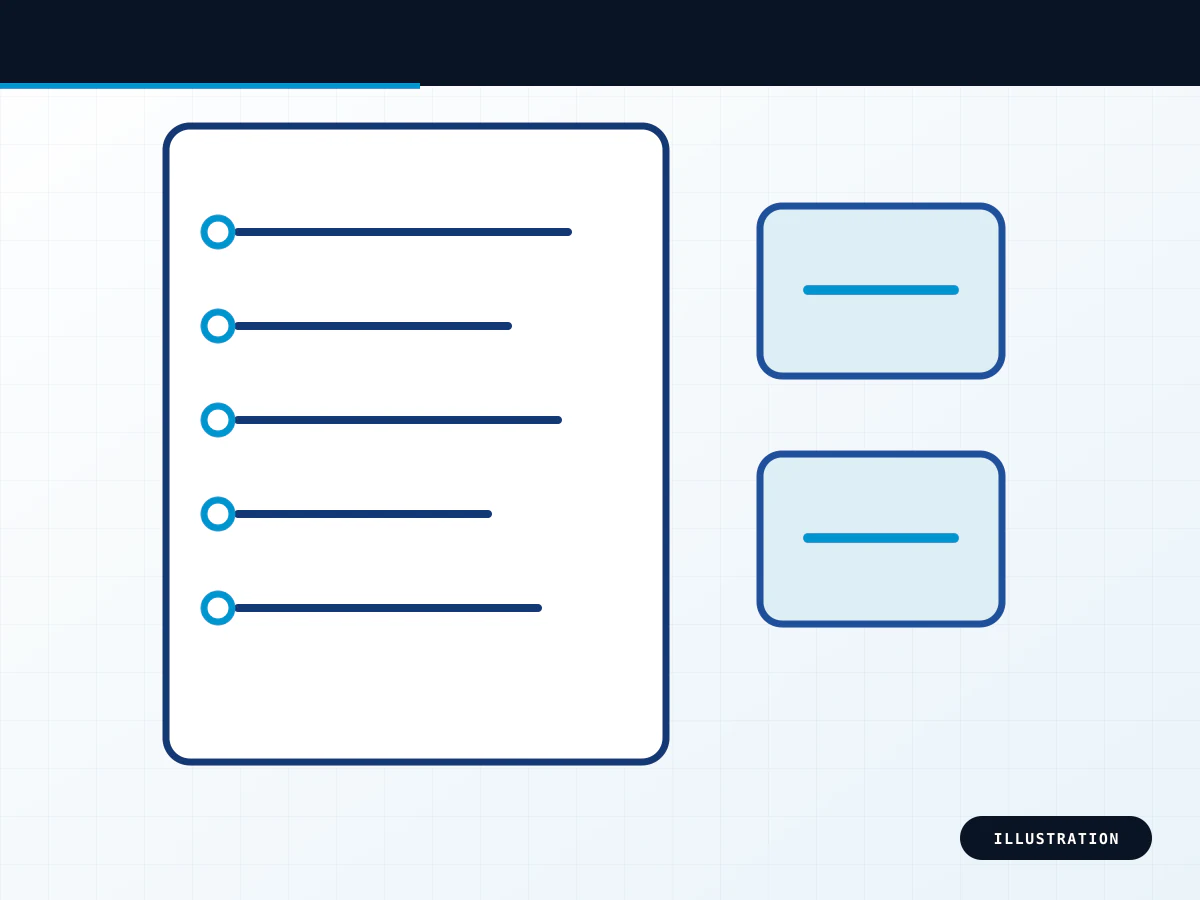 Blueprint illustration of a BOM review with an abstract parts list and component outlines