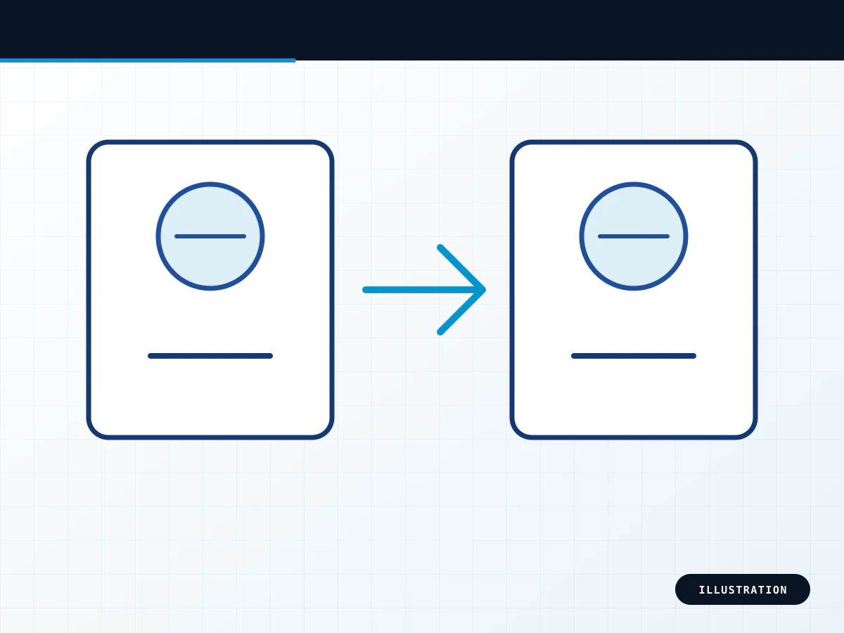 Blueprint illustration of a cross-reference review between an existing part record and a candidate path