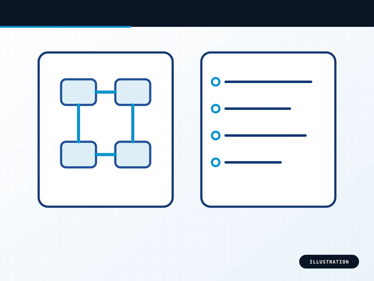 Blueprint illustration of PLC and HMI programming with logic blocks, tags and operator-screen outlines